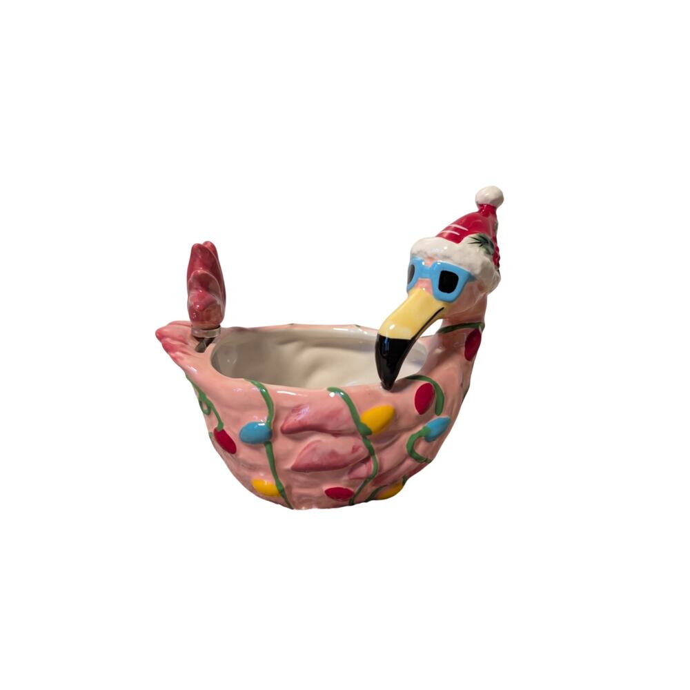 Cracker Barrel Christmas Pink Flamingo, Dip Bowl Spreader Set Santa Hat Lights